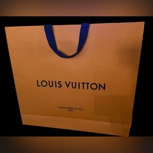 Louis Vuitton Large Orange Shopping Bag with Black Logo and Blue Handles